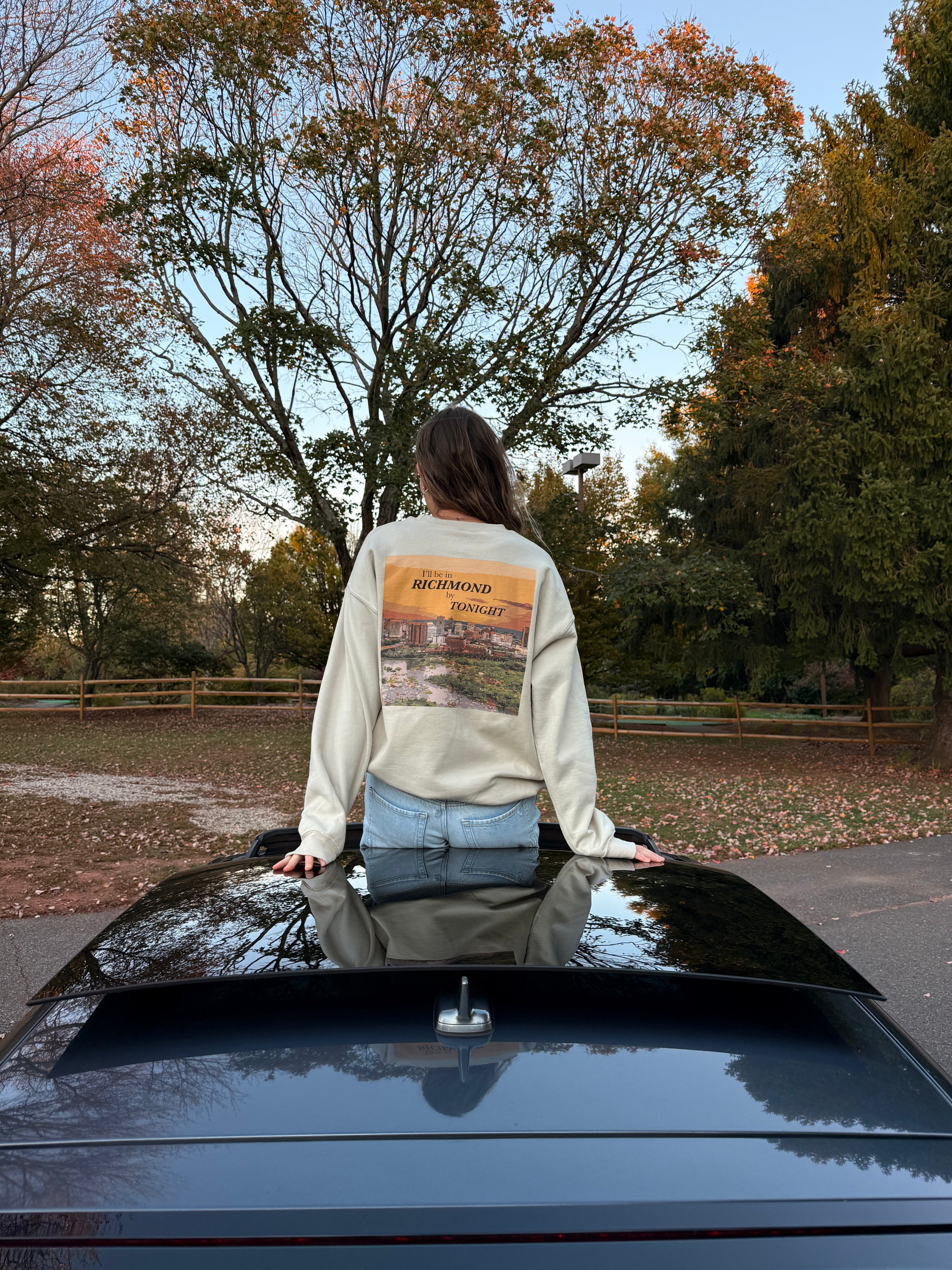 Person standing on a car with a scenic print on their shirt, surrounded by trees with autumn foliage.